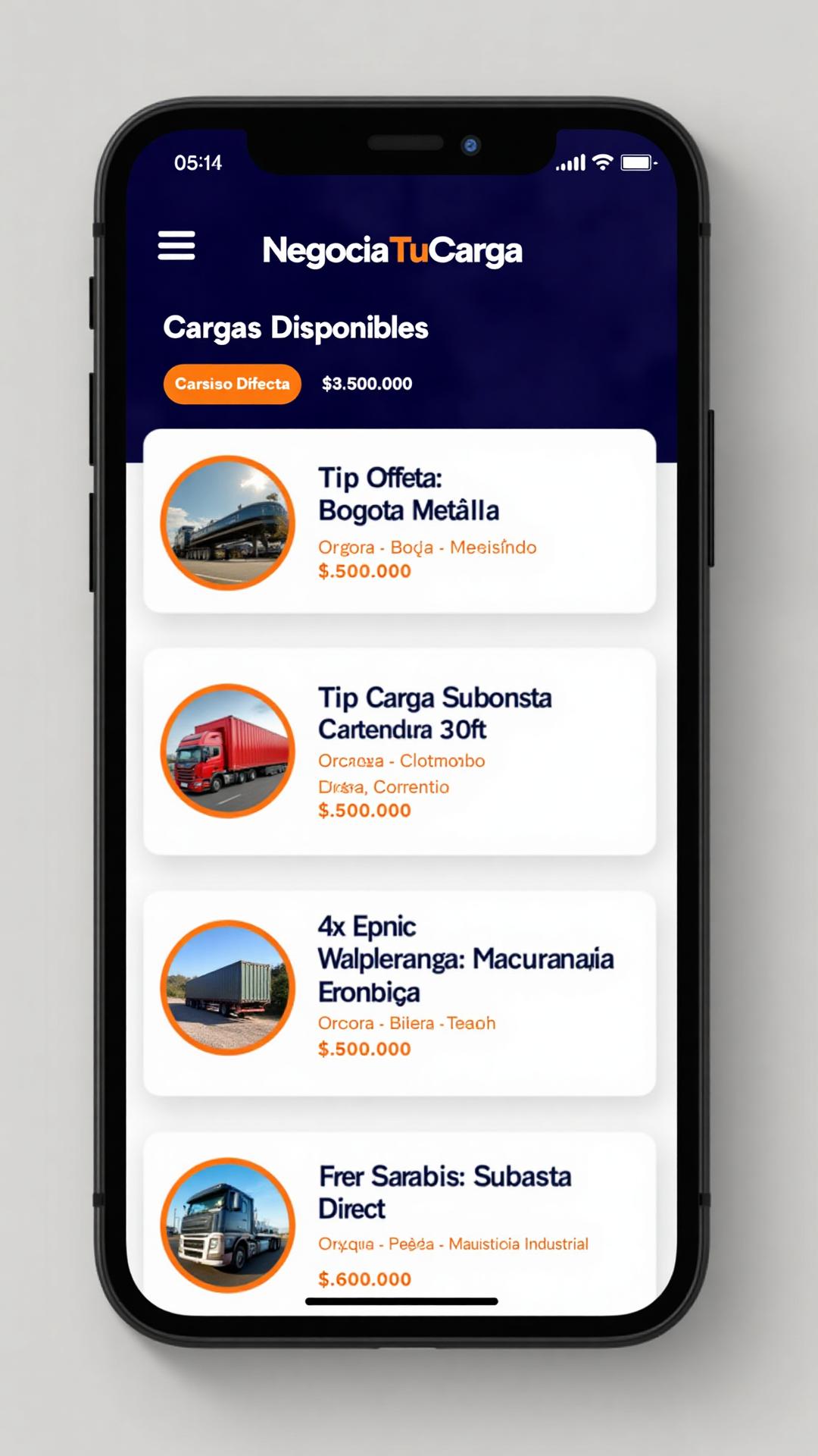 NegociaTuCarga app screen — load discovery